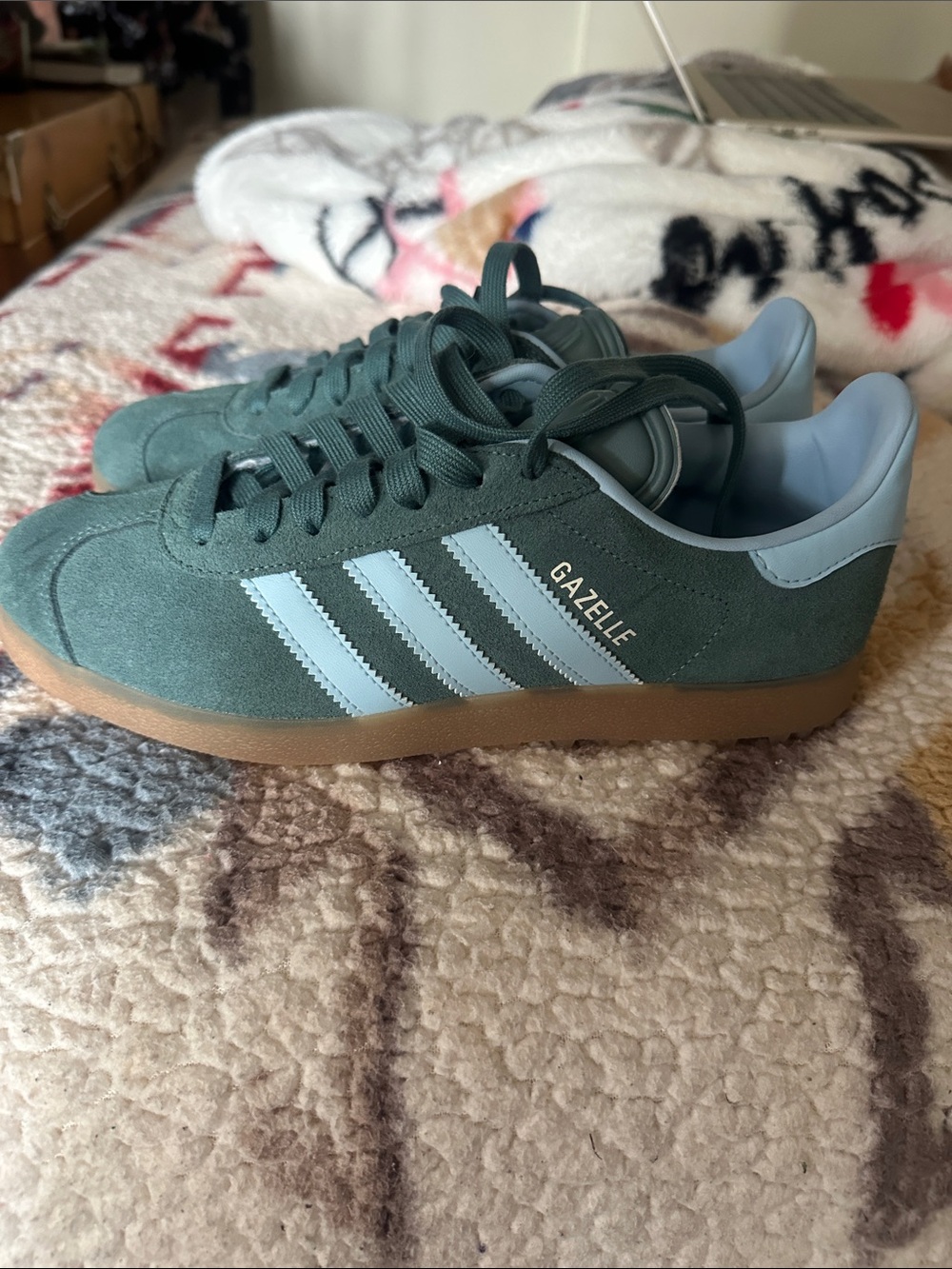 adidas Gazelle Green Suede Sneakers with Light Blue Stripes